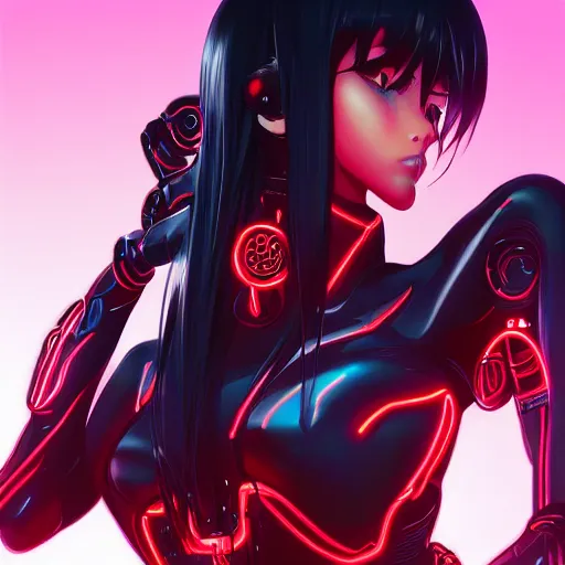 Image similar to digital anime in the style of arcane a cyborg - girl hacking into reality, black red long hair!, biomechanical details, neon background lighting, full body, medium sensor, 8 0 mm, reflections, wlop, ilya kuvshinov, artgerm