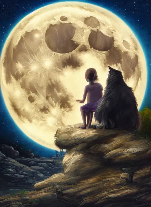 Image similar to a painting of a werewolf at night sitting next to a human child in front of full moon, fantasy art, matte painting