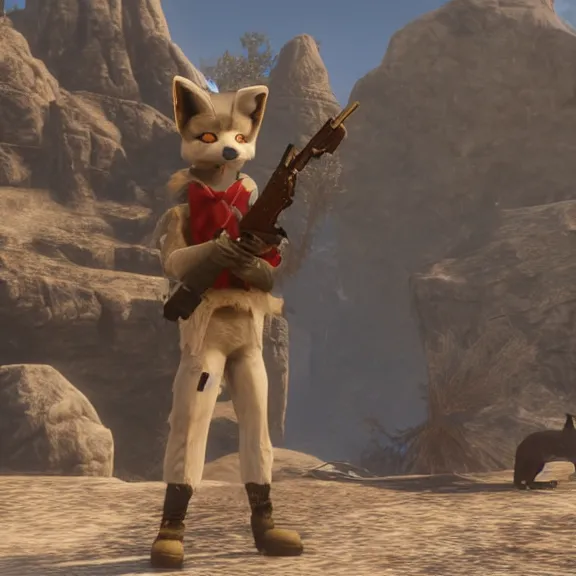 Prompt: a blue fennec fox furry in a fursuit in red dead redemption 1 holding a gun to his temple