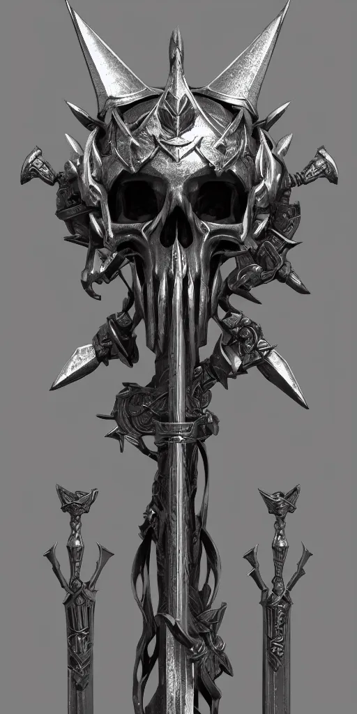 Image similar to a black and silver sword skull crest, orthographic, ornament, weapon, a 2 d render by dom qwek, front side, concept art, trending on polycount, artstation, hard surface modeling, rendered in maya, zbrush, hd, vray, blizzard, symmetry