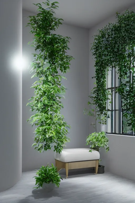 Prompt: photorealisitic ultra modern dressing room with plants, windows to a beautiful evening sky with moon