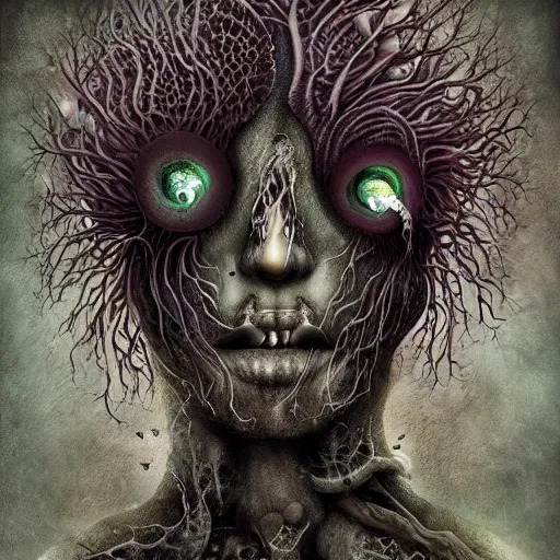 Prompt: the dark and ominous mushroom spirit tribe that wants you to bite off your own tongue so they can keep it for themselves, in a psychedelic darkfantasy style by amanda sage and anton semenov