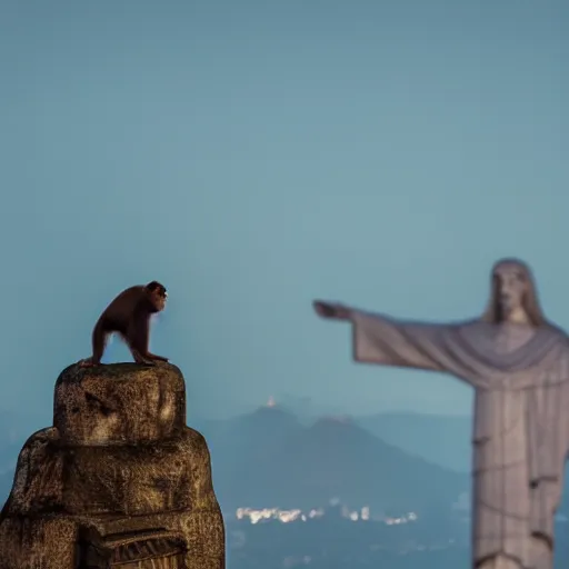 Image similar to high quality portrait of a monkey in front of Christ The Redeemer, studio photograph, photograph, realistic photo, 8k photo, 4k photo, stock photo, high resolution, cinematic shot, high detail