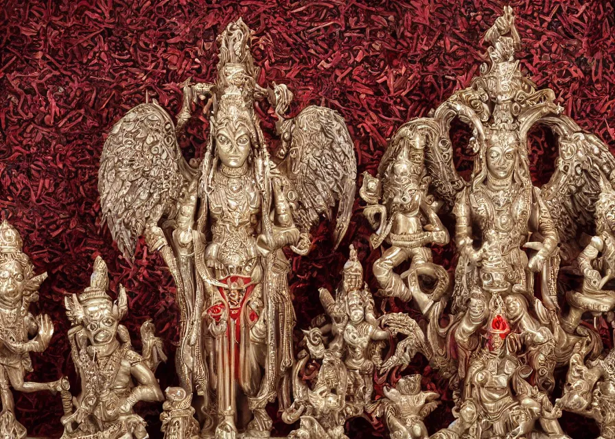 Image similar to blood temple, hindu ornaments, baphomet statue at the center surrounded by angel statues, film still, 4 k, symmetry, award - winning photography, 1 2 0 mm