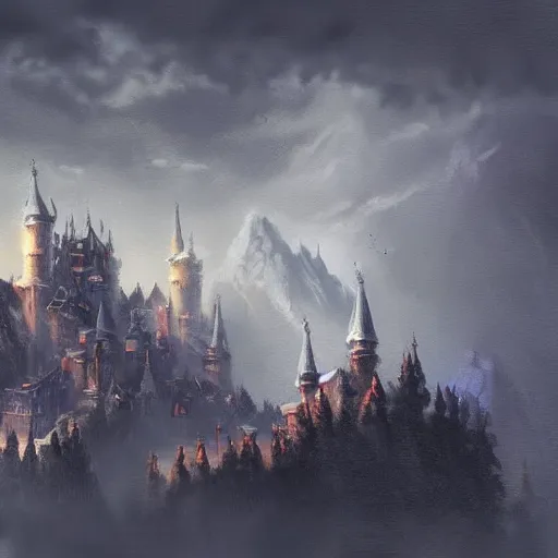 Image similar to a digital painting in the style of ilya lushnikov of a magnificent light grey high fantasy castle on top of a mountain. below is a bustling town filled with people, artstation, rainy weather, brushtrokes