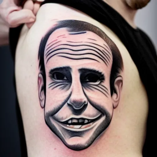 Image similar to tattoo of macron, caricature, silly, mad magazine style