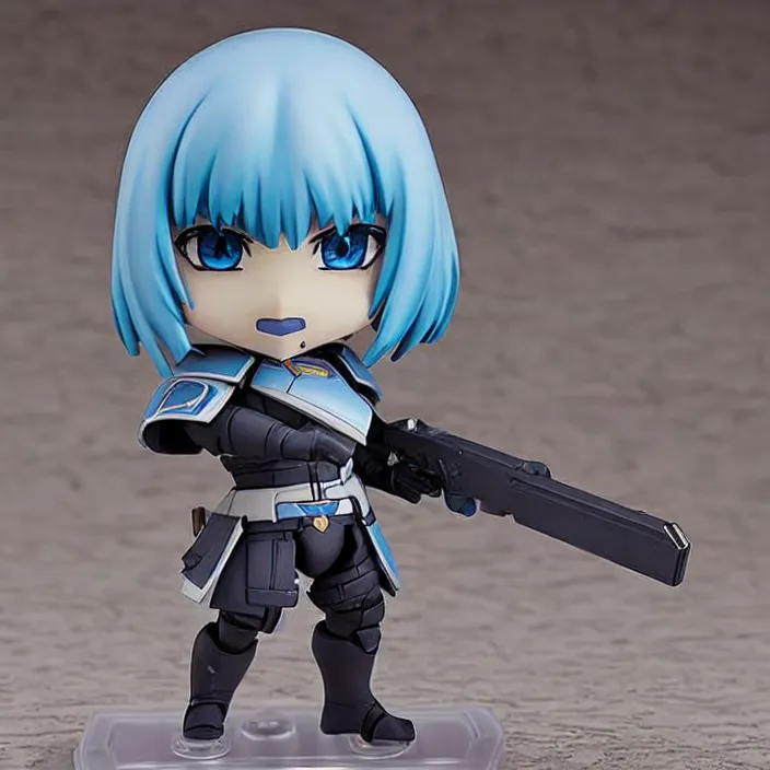 Prompt: destiny commander zavala!!!!!!!!!!!!!!!!!!!!!!!!!!, an anime nendoroid of commander zavala, figurine, light - blue skin is light - blue, detailed product photo