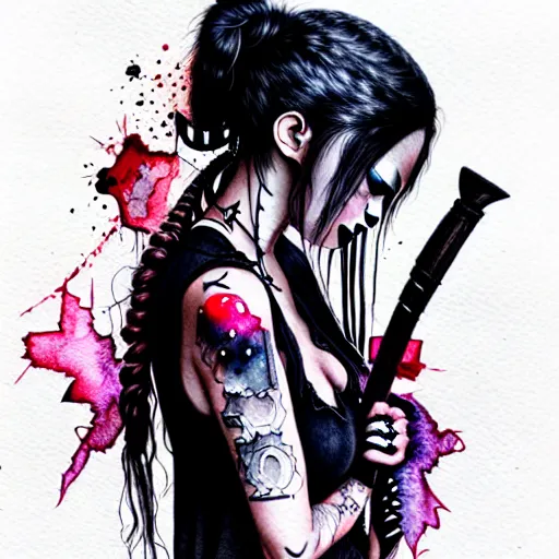 Image similar to hyper realistic ink and watercolor drawing of a cute goth girl in tattered clothes, full portrait, detailed, rim light, diffused, intricate, axe, battle, cyberpunk by anna dittmann,