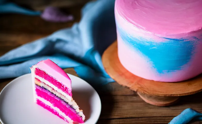 Image similar to A photo of a swedish princess cake from the side on a wooden table, covered with pink marzipan, some powder sugar and a blue marzipan leaf in the center. Sunset. 4K. Cinematic lighting. High detail. Realistic. Delicious.