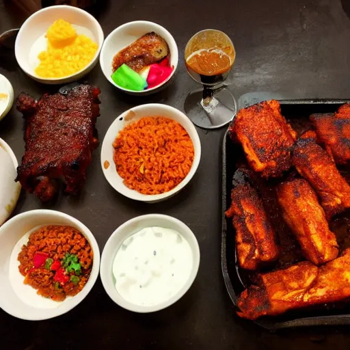 Prompt: jollof rice with fried haloumi cheese on the side, bbq ribs on the side, and lentils next to jollof
