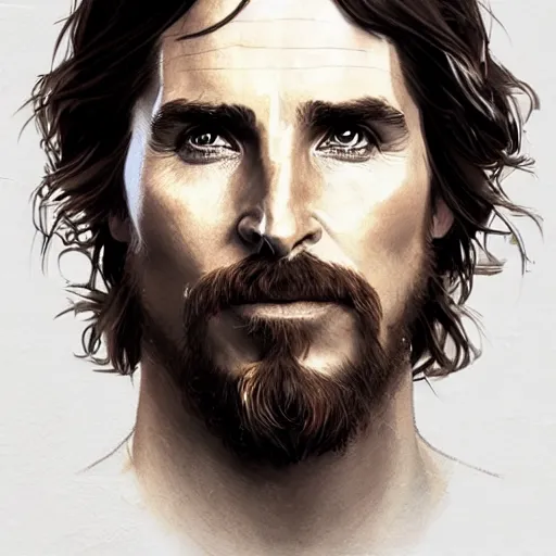 Image similar to portrait of Christian Bale as Jesus, holy, intricate, headshot, highly detailed, digital painting, artstation, concept art, sharp focus, illustration, art by artgerm and greg rutkowski and alphonse mucha