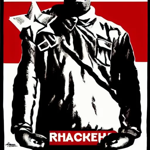 Image similar to Russian Propaganda Soviet screen-print shepard fairey illustrated poster of Kanye West as President standing in front of a USA America flag