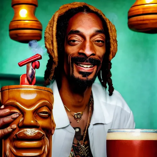 Image similar to a closeup photorealistic photograph of happy blunt smoking snoop dogg at trader vic's bar sitting next to a trader vic's style tiki mug featuring the face of snoop dogg. tiki culture. bright scene. 4 k hd image that's trending on artstation, featured on behance, well rendered, extra crisp, features epic composition and the style of unreal engine.