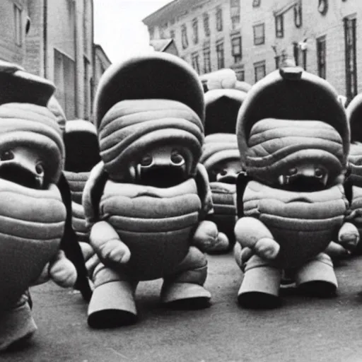 Image similar to teletubbies in a parade in nazi germany