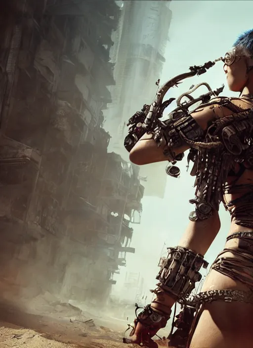 Image similar to hyper realistic photography portrait of postapocalyptic madmax cyberpunk asian japanese cyborg tribal festival warrior girl amazon face cinematic, vallejo, back shot, craig mullins greg rutkowski, artstation, cgsociety