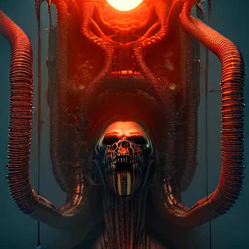 Prompt: infinite hellfire, smooth pipes, soft flesh, merged machima, soft lighting, crepuscular rays, realistic octane render, 8k, ultra detailed, concept art, art GIGER, style by H. R. GIGER