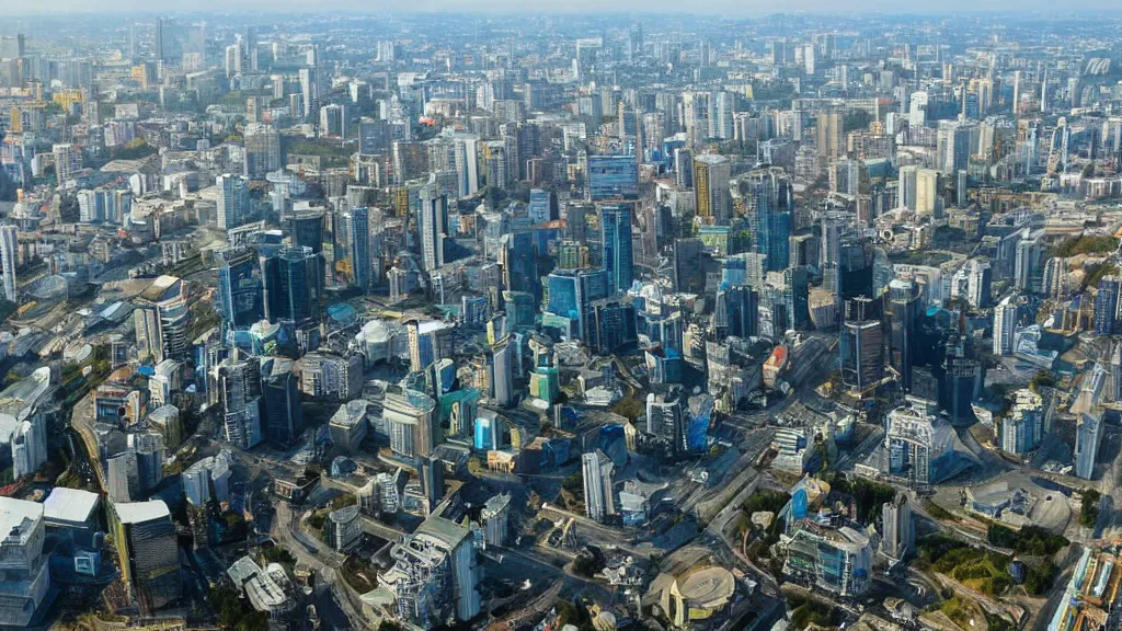 Image similar to Elysium movie photo of Kyiv city as a rich space colony with planet Earth seen behind it, futuristic, realistic, modern, shot from space