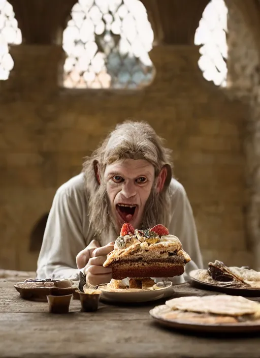 Image similar to closeup portrait of a medieval goblin eating cakes in the cloisters, depth of field, zeiss lens, detailed, symmetrical, centered, fashion photoshoot, by Annie Leibovitz and Steve McCurry, David Lazar, Jimmy Nelsson, Breathtaking, 8k resolution, extremely detailed, beautiful, establishing shot, artistic, hyperrealistic, beautiful face, octane render