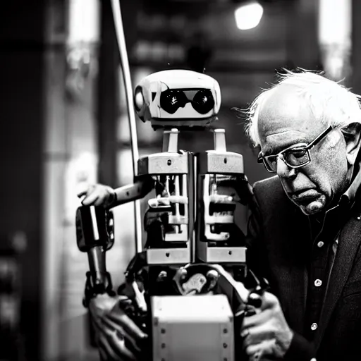 Prompt: bernie sanders putting the finishing touches on a magical clockwork doomsday robot, black and white photo, cinematic moody lighting