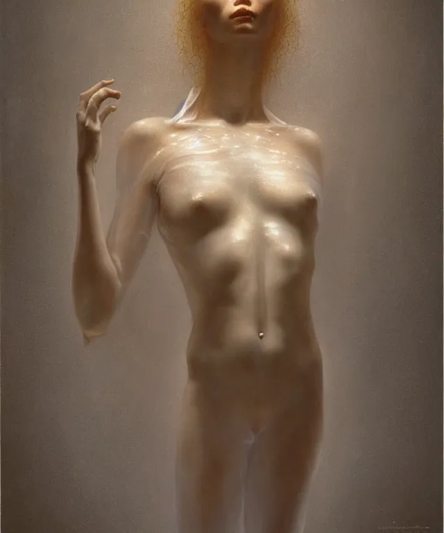 Image similar to Beautiful full-body wax sculpture of glowing transparent woman with visible gold bones covered with melted white wax inside the singularity where stars becoming baroque folds of dark matter by Michelangelo da Caravaggio, Nicola Samori, William Blake, Alex Grey and Beksinski, dramatic volumetric lighting, highly detailed oil painting, 8k, masterpiece