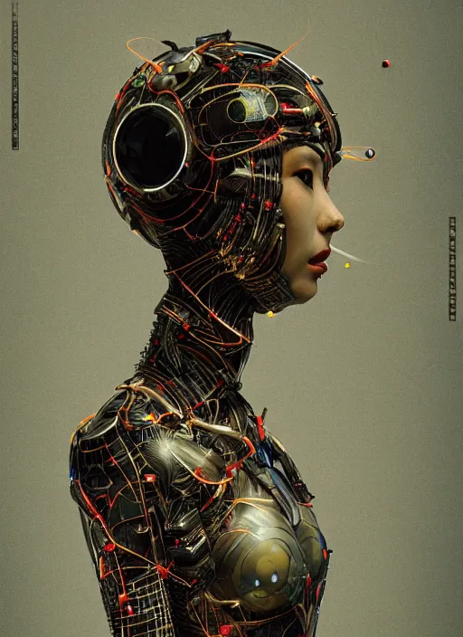 Image similar to portrait of a futuristic geisha cyborg, made from pointclouds, in the style of ghost in the shell, kintsugi, modern fine art, fractal, intricate, elegant, highly detailed, digital photography, subsurface scattering, by jheronimus bosch and greg rutkowski,