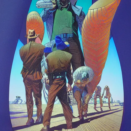 Image similar to jean giraud and moebius and don lawrence and alex ross and john romita jr, gouache and wash paints, detailed details / desperate life of john doe
