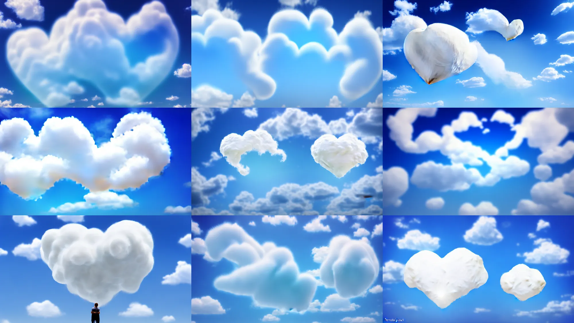 Image similar to huge cream fluffy soft cloud heart on blue clear sky, detailed, hyper realism, photo, realistic, soft volume absorbation, volume light, view up, diffused lights, ultra realism, cinematic, film