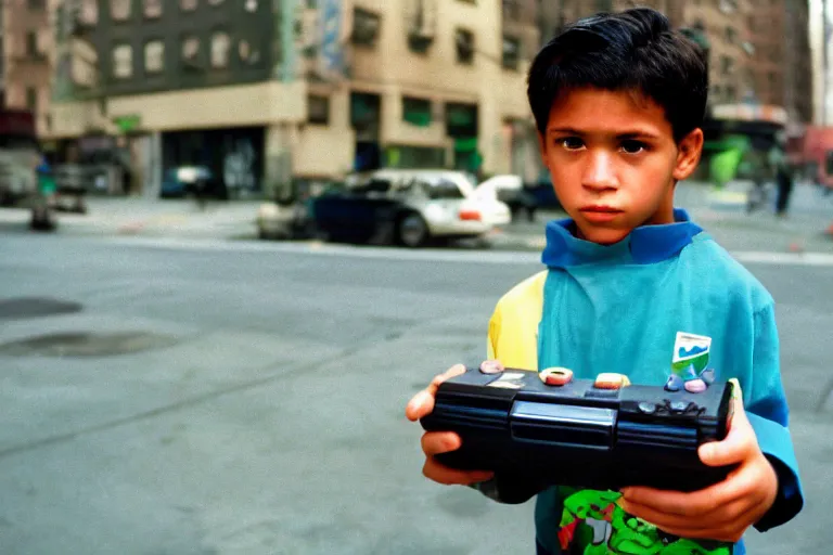 Prompt: closeup potrait of a boy carrying a nintendo 64 in 1996 new york , photograph, natural light, sharp, detailed face, magazine, press, photo, Steve McCurry, David Lazar, Canon, Nikon, focus