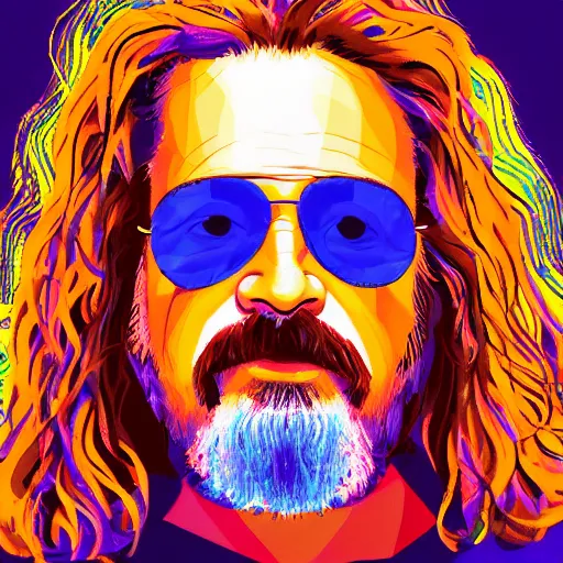 Image similar to a colorful closeup portrait of the dude from the big lebowski. he holds all the wisdom of the world in his eyes. dreamy vibes floating head and dreaming psychedelic hair. halo behind his head. trending on artstation. intricate detail. hyperrealistic 8 k. flat design