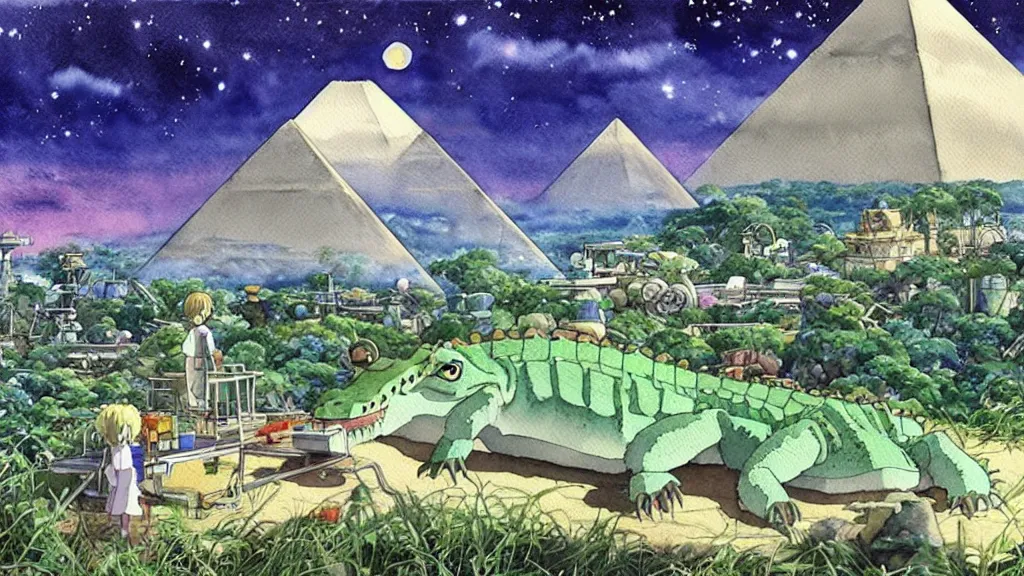 Prompt: a hyperrealist watercolor concept are from a studio ghibli film showing a giant mechanized crocodile from howl's moving castle ( 2 0 0 4 ). a pyramid is under construction in the background, in the rainforest on a misty and starry night. a ufo is in the sky. by studio ghibli