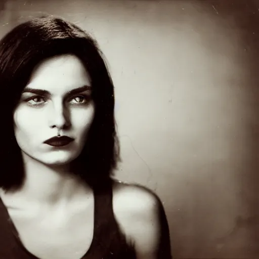 Image similar to old film photo of an atractive cool alternative bosnian woman in her early 20s. beautiful face. She has dark brown hair, dark thick eyebrows, brown eyes and shoulder long hair.