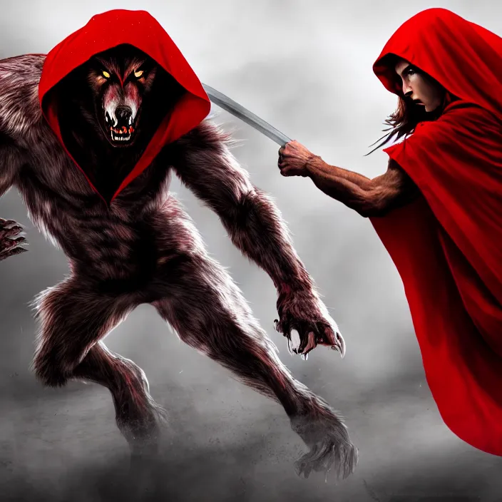 Prompt: a beautiful red riding hood warrior fighting a werewolf. 8k