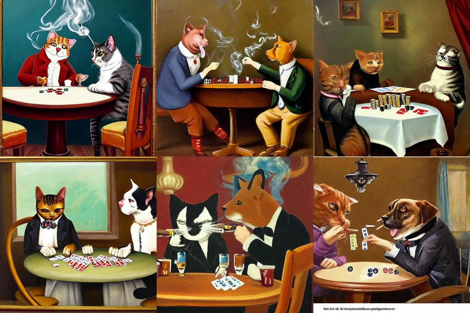 Prompt: cat and dog smoking cigars and playing poker, classic, vintage painting