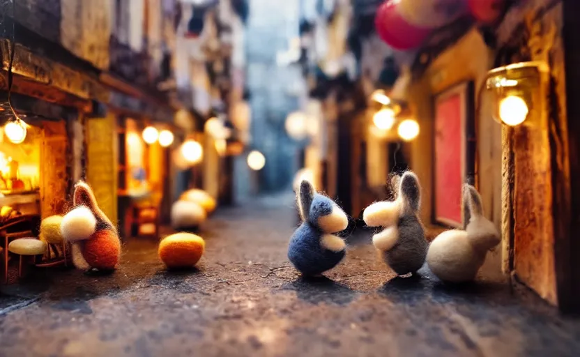 Image similar to miniature cafe diorama, macro photography, cafe with felted bunnies on a date, alleyway, ambient, atmospheric, british, cozy, bokeh, romantic, colorful lanterns