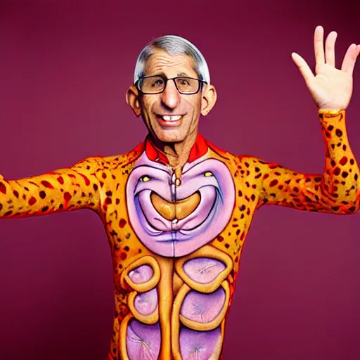 Image similar to uhd photorealisitc candid photo of anthony fauci wearing hyperdetailed slim goodbody costume. correct coostume. correct face, accurate face. photo by annie leibowitz and steve mccurry