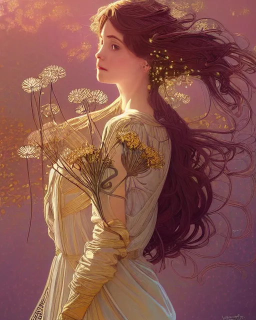 Image similar to dandelion | highly detailed | very intricate | art nouveau | gold filigree | storybook illustration | soft cinematic lighting | award - winning | painted by mandy jurgens and alphonse mucha and alena aenami | pastel color palette | featured on artstation