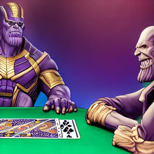 Image similar to thanos playing poker and going all in, high detail, photorealistic, depth of field