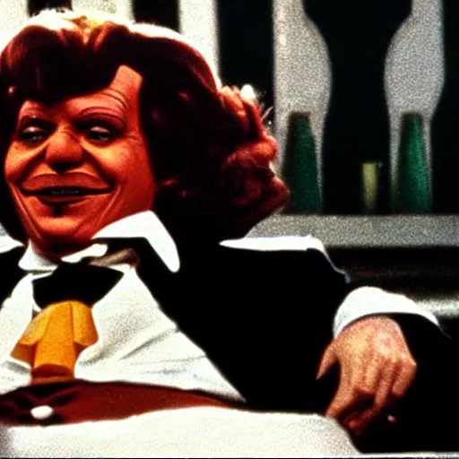 Image similar to A still of Ronald McDonald in The Godfather (1972)