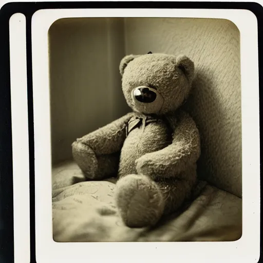 Image similar to a very beautiful old polaroid picture of a creepy teddy bear in a bedroom, award winning photography