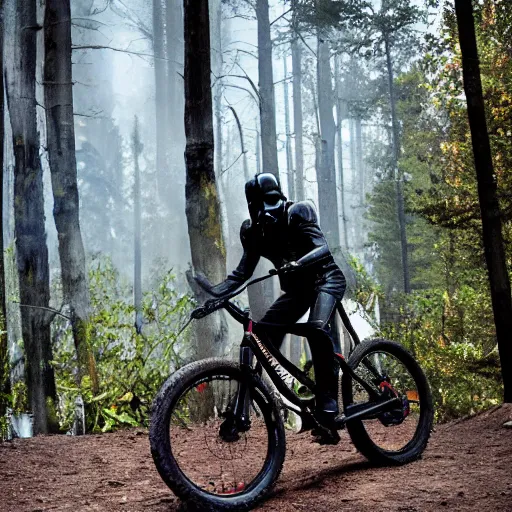 Image similar to darth vader ist riding a mountainbike fast through a burning forrest