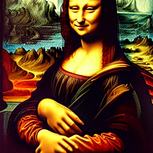 Image similar to Mona Lisa painting a portrait of Leonardo da Vinci in a workshop