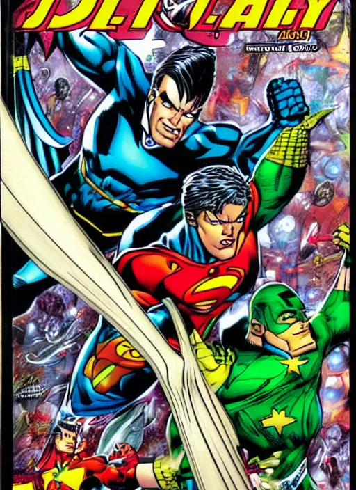 Image similar to 1 9 9 8 issue of jla cover depicting kyle raynor by ed mcguinness, masterpiece ink illustration,