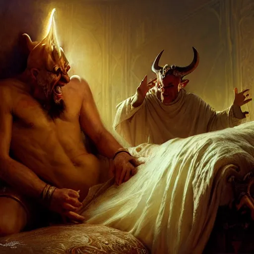 Prompt: the pope is in his bed, terrified, because a double horned shadow demon is in the wallpaper of the bedroom. highly detailed painting by gaston bussiere, greg rutkowski, craig mullins 8 k