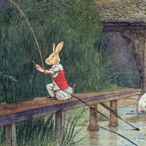 Prompt: a rabbit fishing by a bridge in the style of Carl Larsson