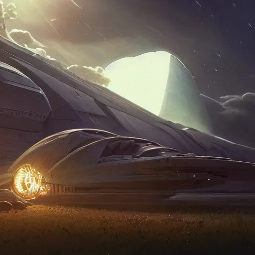 Image similar to a spaceship returns to earth, highly detailed vfx portrait, unreal engine, greg rutkowski, loish, rhads, caspar david friedrich, makoto shinkai and lois van baarle, ilya kuvshinov, rossdraws, elegent, tom bagshaw, alphonse mucha, global illumination, detailed and intricate environment.