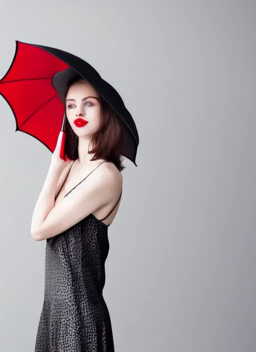 Prompt: a beautiful white pale skin girl, grey background, black dress, vibrent red lipstick, a black hat, black umbrella