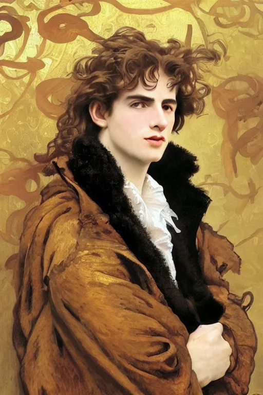 Image similar to close - up portrait of young man, reddish wavy hair, with a pearl earring, dressed in a rich furcoat!!!, beautiful, cinematic lighting, highly detailed, digital art, oil painting, highly detailed, sharp focus, matte painting, renaissance painting, by orest kiprensky, by alphonse mucha, by leyendecker, by rutkowsky,