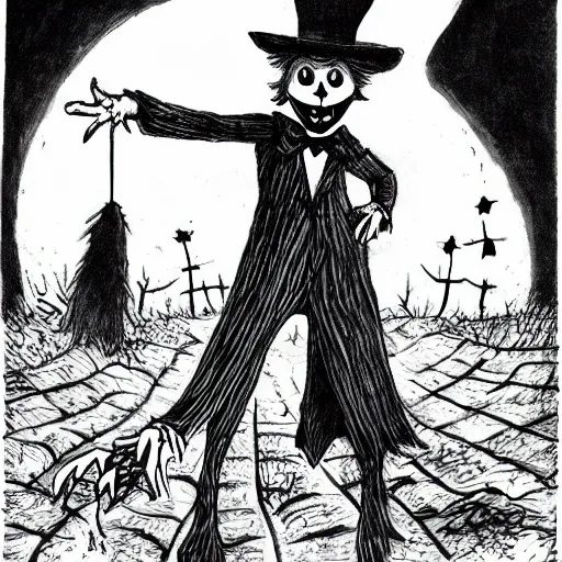 Image similar to a Pop Wonder scary horror themed goofy-hilarious-character Babadook-scarecrow-madhatter-williewonka-wearing a scarf, 3-piece-suit, dime-store-comic drawn with charcoal and pen and ink, half-tone-line-stacking