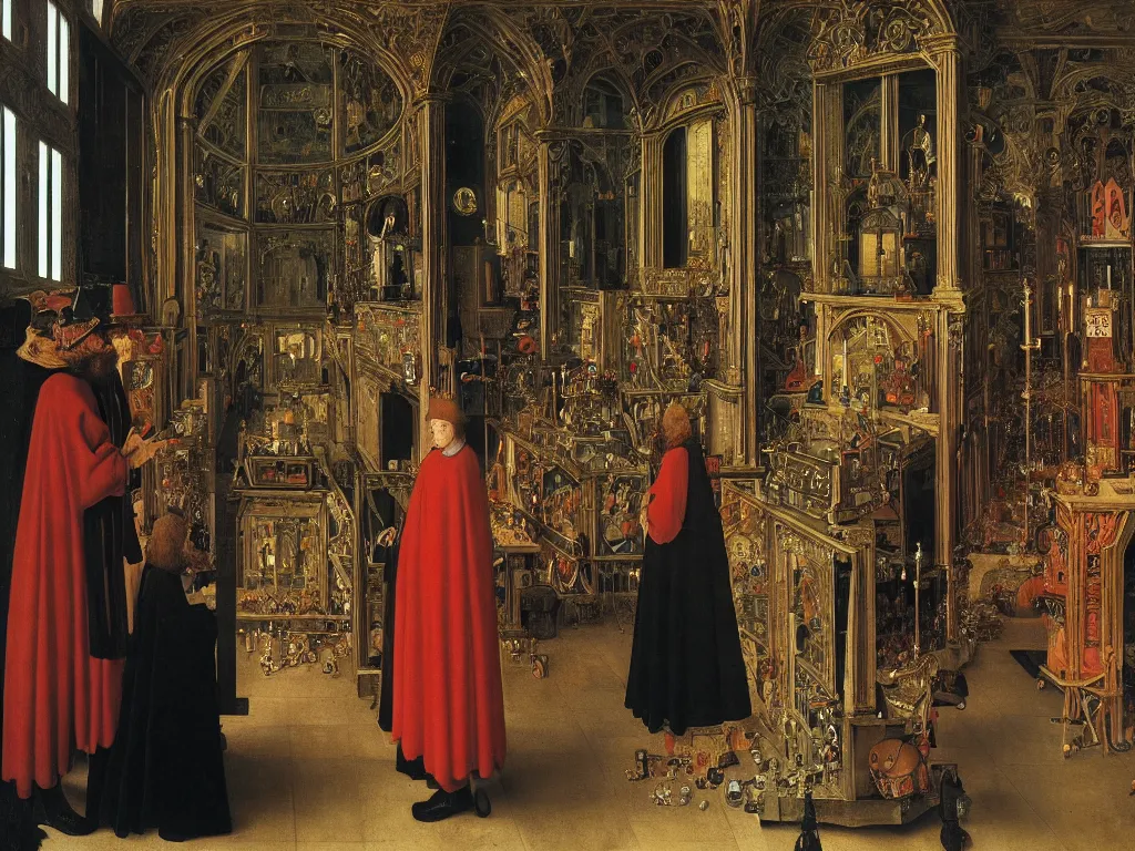 Prompt: portrait of an alchemist at a funeral with infinity mirror in the ice palace. painting by jan van eyck