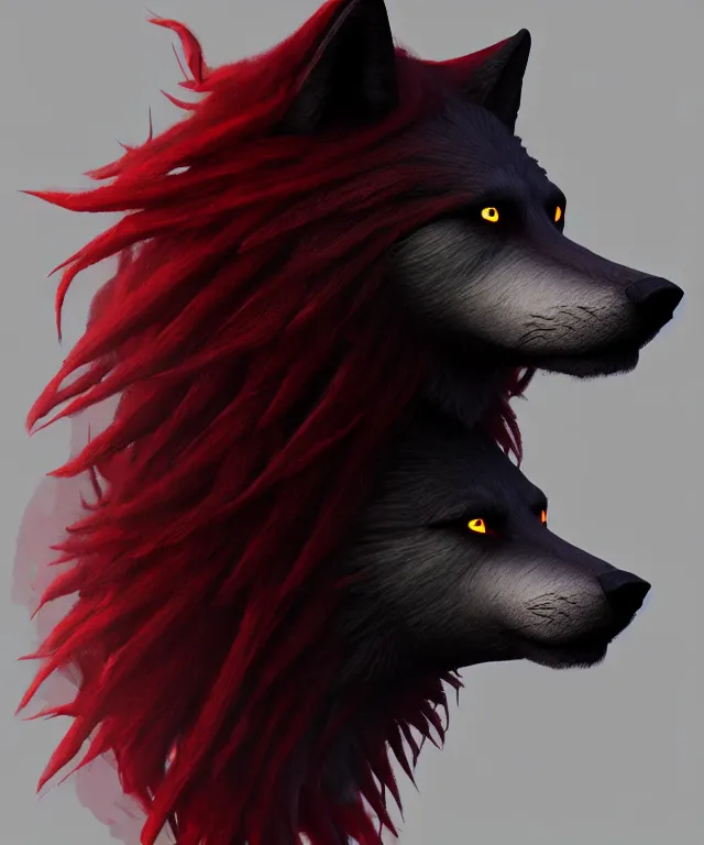 Image similar to award winning painting of a anthropomorphic black male wolf long red hair. artstation, volumetric lighting, highly detailed, photorealistic